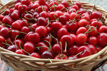 Cherries. Cherry. Organic cherries in basket on a farmer’s market. Red cherry background. Fresh cherries texture. Healthy food concept. 
