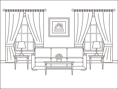 Living room interior. Linear room in flat design with window. Vector. Outline background. Home space with furniture in line art. Coloring page. Salon. Thin line illustration. Cartoon house sketch.