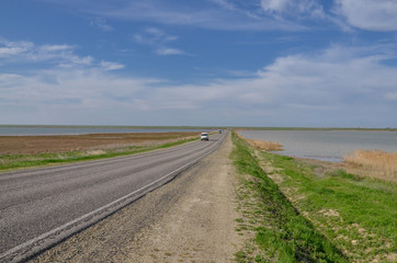 highway crossing salt lake Manych-Gudilo at the border of Stavropol region and Kalmykia