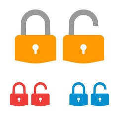 Lock icon. Padlock sign. Lock and unlock.  Set- red, blue, yellow-grey Vector illustration. Flat design. 