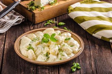 Cheese gnocchi with blue cheese sauce and galic