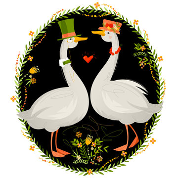 Gander wearing a top hat and a goose in a hat with flowers. Geese in hats. Vector illustration