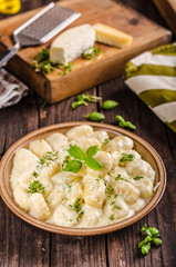 Cheese gnocchi with blue cheese sauce and galic