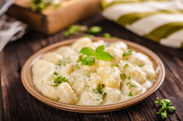 Cheese gnocchi with blue cheese sauce and galic