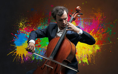 Composer with splotch and his cello