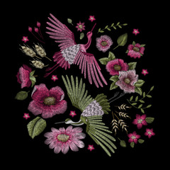 Crane bird, flowers, rose, rose-hip, plant. Traditional folk stylish stylish embroidery on the black background. Sketch for printing on clothing, fabric, bag, accessories and design. Vector, trend