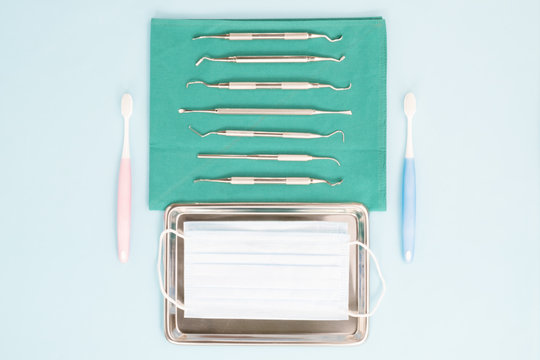 dental tools surgical kit in the clinic or office use for dentis; flat lay; top vipw.