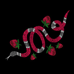 snake and red forbidden strawberry fruit. Traditional stylish floral embroidery stitch on a black background. Sketch for printing on fabric, clothing, bag, accessories and design. Vector, trend