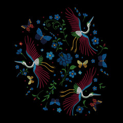 Crane bird, flowers, rose, rose-hip, plant. Traditional folk stylish stylish embroidery on the black background. Sketch for printing on clothing, fabric, bag, accessories and design. Vector, trend