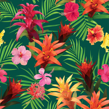 Beautiful seamless pattern with guzmania and hibiscus flowers on dark green background. Vector set of blooming tropical floral for wedding invitations, greeting card and fashion design.