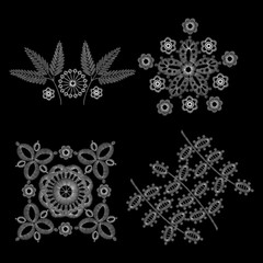  white lace. Traditional folk flower fashionable embroidery on the black background. A bouquet of roses and a dog rose, for printing on clothes, vector