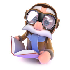 3d Funny cartoon airline pilot character reading a book
