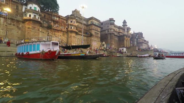 Varanasi Ghats, Diwali Festival, Ganges River and Boats, Uttar Pradesh, India, Real Time, 4k
