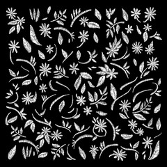  white lace. Traditional folk flower fashionable embroidery on the black background. A bouquet of roses and a dog rose, for printing on clothes, vector