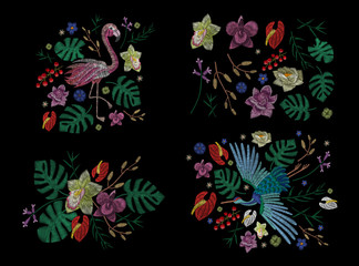 Crane bird, flowers, rose, rose-hip, plant. Traditional folk stylish stylish embroidery on the black background. Sketch for printing on clothing, fabric, bag, accessories and design. Vector, trend