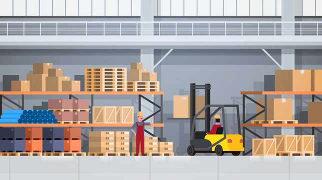 Workers Of Warehouse Lifting Box With Forklift On Rack. Logistic Delivery Service Concept Flat Vector Illustration
