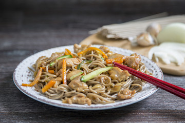 asian soba noodle and chiken teriyaki
