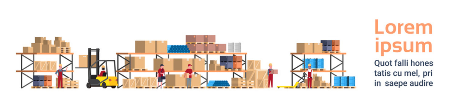 Warehouse Interior Box On Rack And People Working. Logistic Delivery Service Concept Template Background With Copy Space Flat Vector Illustration