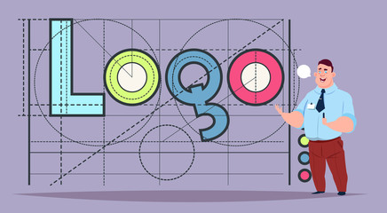 Business Man Over Logo Word Creative Graphic Design On Abstract Geometric Shapes Background Vector Illustration