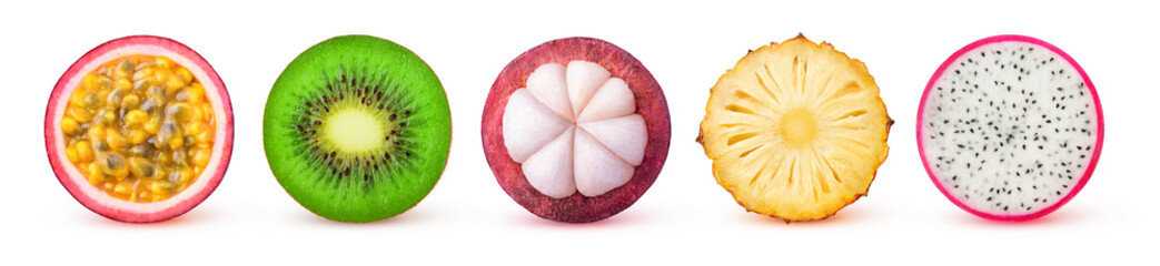 Isolated tropical fruits slices. Fresh exotic fruits cut in half (maracuya, kiwi, mangosteen,...