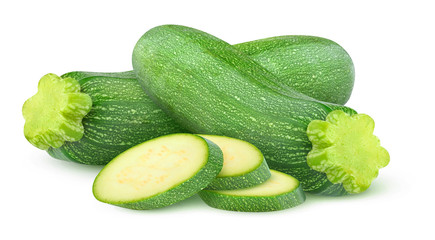 Isolated zucchini. Two fresh zucchini and three pieces isolated on white background with clipping path