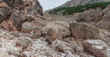 Panorama of Pra della Vecia Valley bottom with big boulders, Cortina d'Ampezzo, Dolomites, Italy