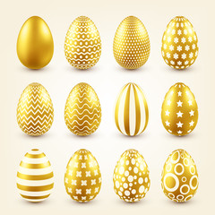 Easter golden egg. Traditional spring holidays in April or March. Sunday. Eggs and gold.Big set