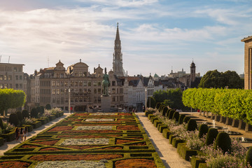 Sunset in Brussels, capital of Belgium as seen from Mont des Arts garden