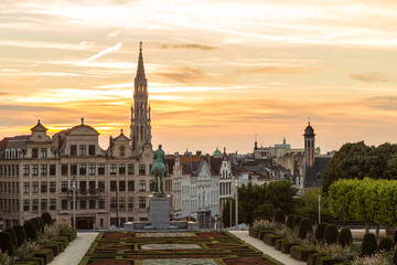 Sunset in Brussels, capital of Belgium as seen from Mont des Arts garden