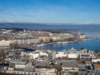 Obraz premium General view of Geneva/The city of Geneva, the Leman Lake and the Water Jet, in Switzerland, Europe, general and aerial view. January, 2018