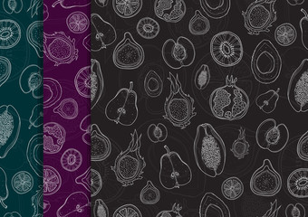 Seamless pattern with hand drawn fruits. White outline on dark colors backgrounds. Peach, kiwi, figs, papaya