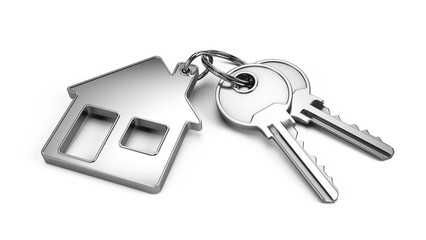 Key to a new home concept - House keys with trinket house isolated on white. 3d rendering