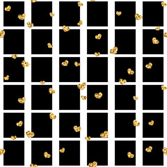 Gold heart seamless pattern. Black-white geometric square, golden confetti-hearts. Symbol of love, Valentine day holiday. Design wallpaper, background, fabric texture. Vector illustration