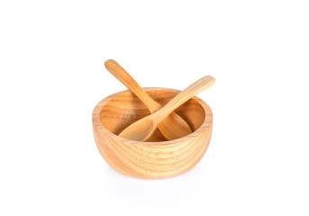 Wooden bowl wooden spoon on white background