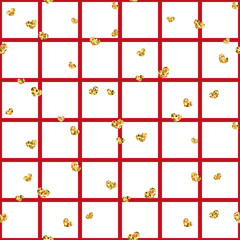 Gold heart seamless pattern. Red-white geometric square, golden confetti-hearts. Symbol of love, Valentine day holiday. Design wallpaper, background, fabric texture. Vector illustration