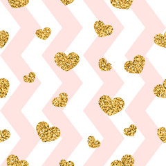 Gold heart seamless pattern. Pink-white geometric zig zag, golden confetti-hearts. Symbol of love, Valentine day holiday. Zigzag design wallpaper, background, texture. Vector illustration