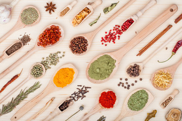 spices and herbs on kitchen wooden table background. food, cooking and restaurant concept. top view, flat lay