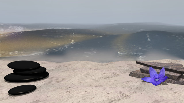 lila Blüte, Bimssteine und Bruchsteine auf Sandstrand vor der Weite des Meeres. 3d render