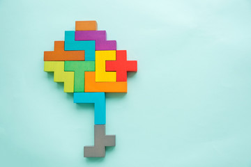 Human brain is made of multi-colored wooden blocks. Creative medical or business concept.