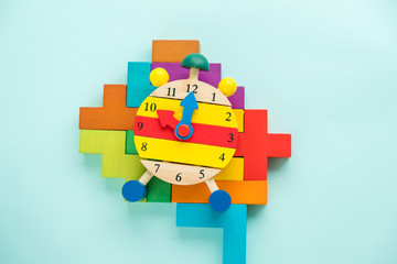 Time management and planning business concept. silhouette brain, clock. Mind Clock. thought process.idea intelligence. challenge. brainstorming.