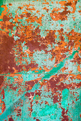 Old green paint on the metal and drips of rust. grunge vintage texture for background