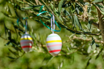 Branches d'olivier décores par des œufs de Pâques. - 191836993
