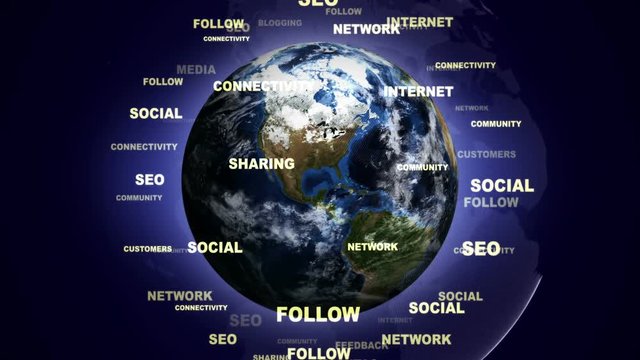 Social Network Keywords Around Earth, Animation, Rendering, Background, Loop, 4k