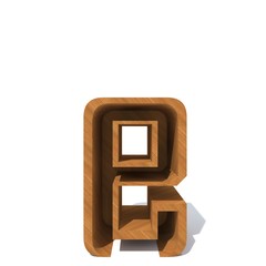 Conceptual wood or wooden brown font or type, timber or lumber industry piece isolated on white background. Educative hadwood material, smooth surface pine handmade sculpted object as 3D illustration