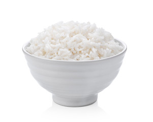 Cooked rice in ceramic bowl on white background