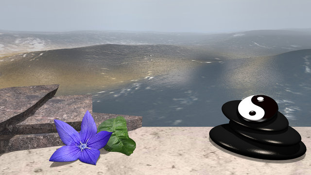 lila Blüte mit Orangenblatt, Bruchsteine und Bimssteine mit Yin-Yang Symbol auf Sandstrand vor der Weite des Meeres. 3d render