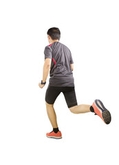back view of sport man wearing exercise suit running forward isolated white background