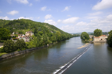 Fototapeta na wymiar View down the River Lot from Pont Valentre, Cahors, Lot, France