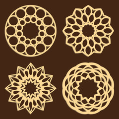 DIY laser cutting patterns. Jigsaw die cut ornaments. Islamic cutout silhouette stencils. Fretwork round panels. Vector coasters for paper cutting, scrapbook and woodcut.