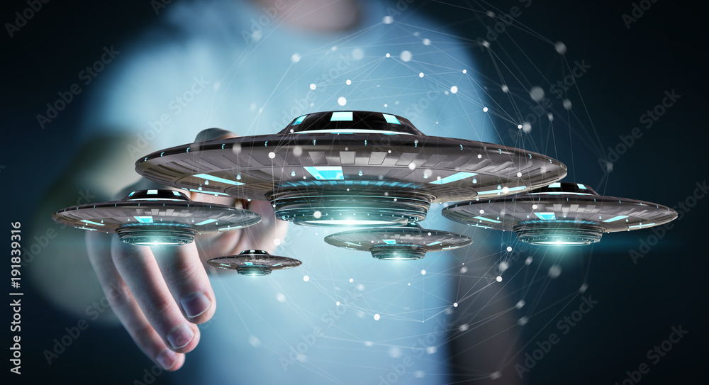 Poster Businessman with retro UFO spaceship 3D rendering